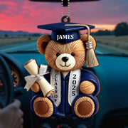 Graduation Teddy Bear With Cap And Diploma - Personalized Custom Wood Ornament, Car Hanging Ornament - GRAD005_WCA
