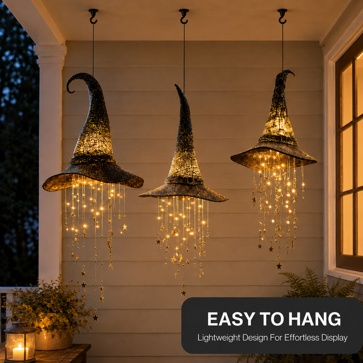 🎃Halloween Lighted Witch Hat Wind Chime, Glowing Hanging Chime Decoration, Spooky LED Witch Hat Ornament for Yard, Window & Party Decor