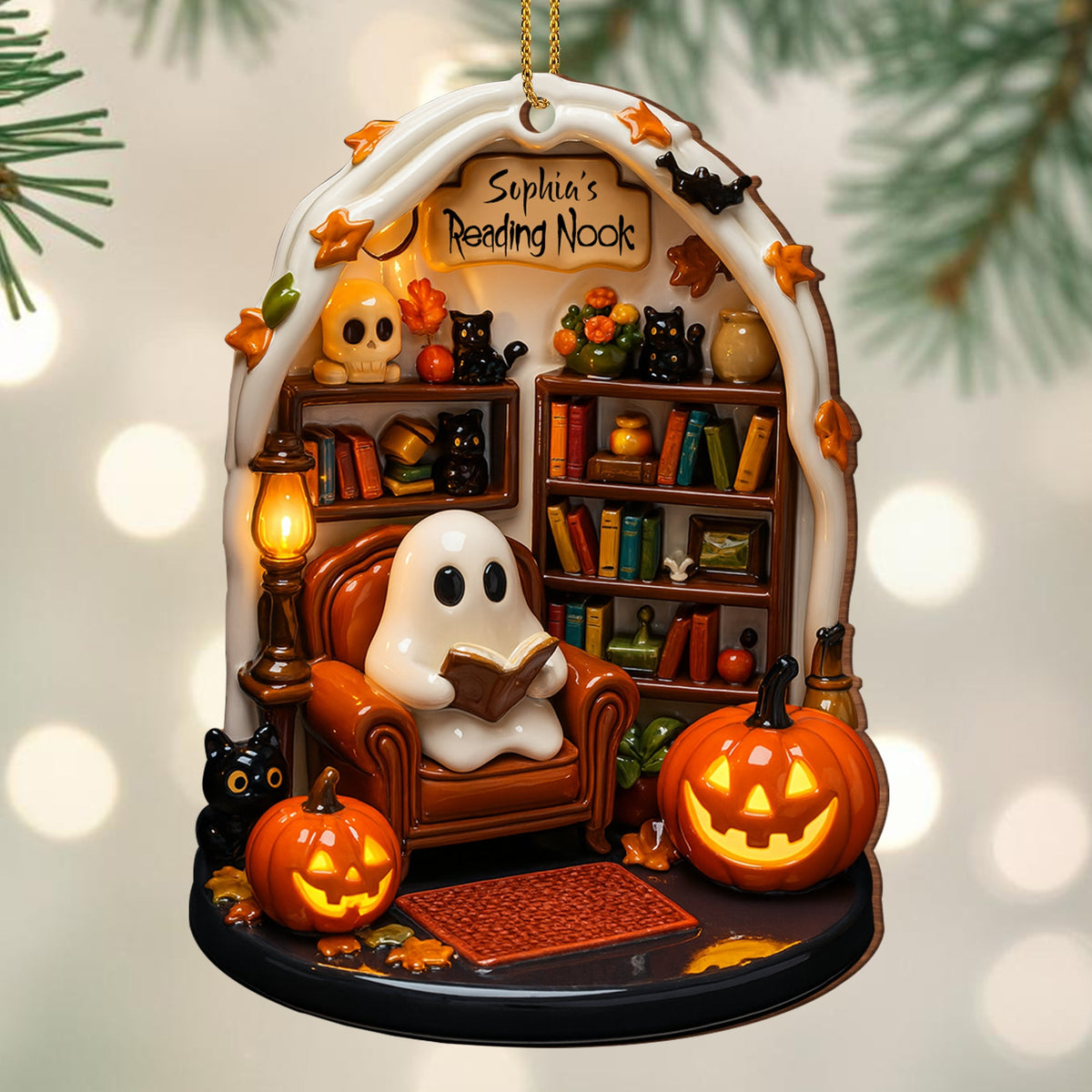 Create Your Own Personalized Reading Nook With Ghost and Pumpkin - Personalized Custom Wood Ornament, Custom Shaped - BLV002_WDO