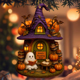 Cozy Witch Hat And Ghost Reading - Personalized Custom Wood Ornament, Custom Shaped - BLV011_WDO