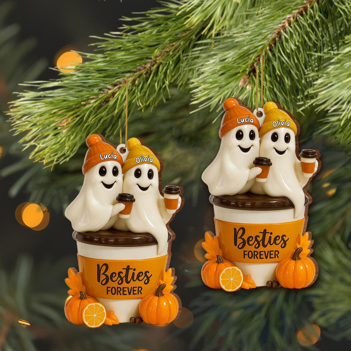 Besties Forever With Ghosts And Pumpkin - Personalized Custom Wood Ornament, Custom Shaped - BST200_WDO