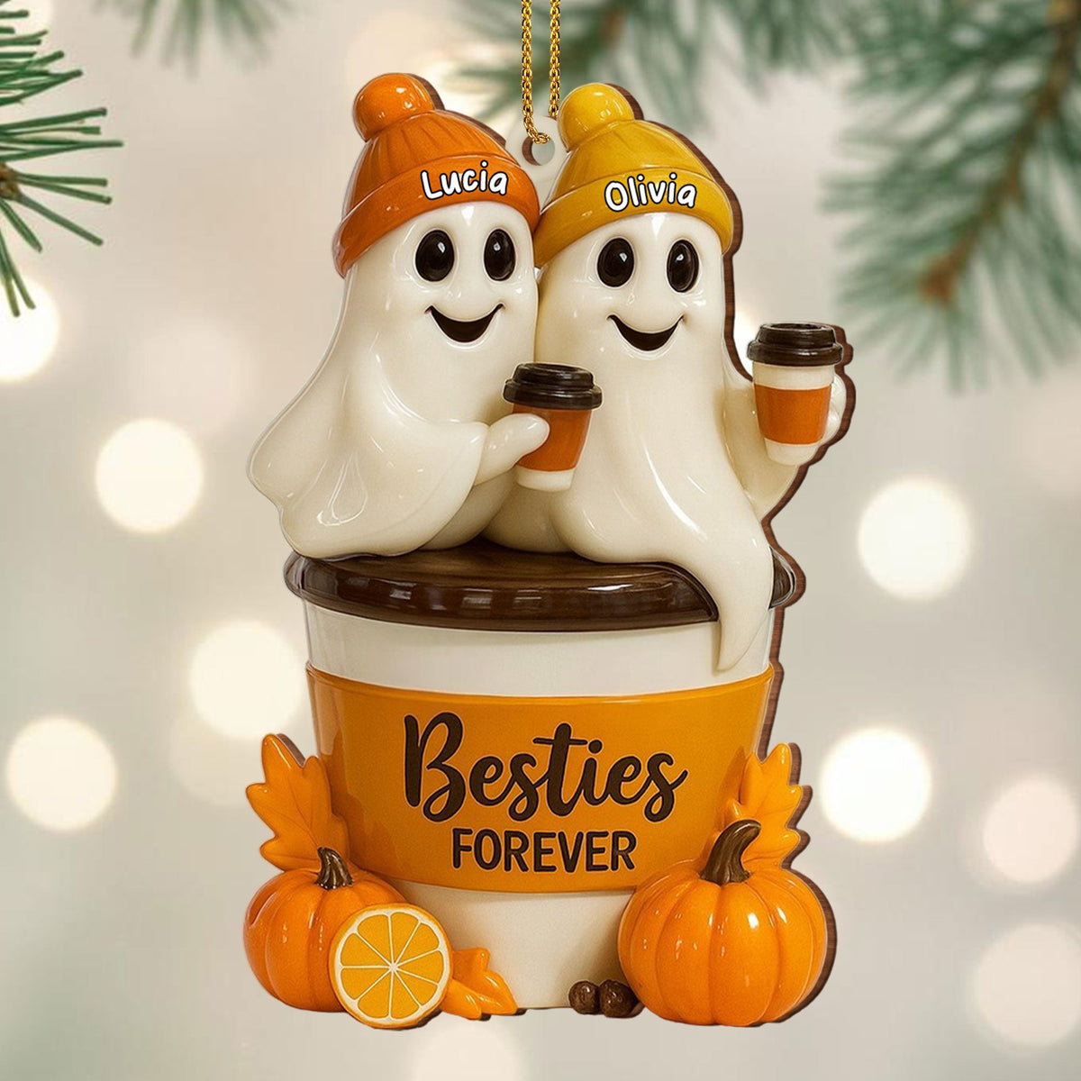 Besties Forever With Ghosts And Pumpkin - Personalized Custom Wood Ornament, Custom Shaped - BST200_WDO