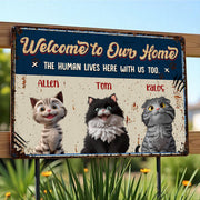 Welcome To Our Home, The Human Lives Here With Us Too, Cats - Personalized Metal Sign - CAT003_MSIGN