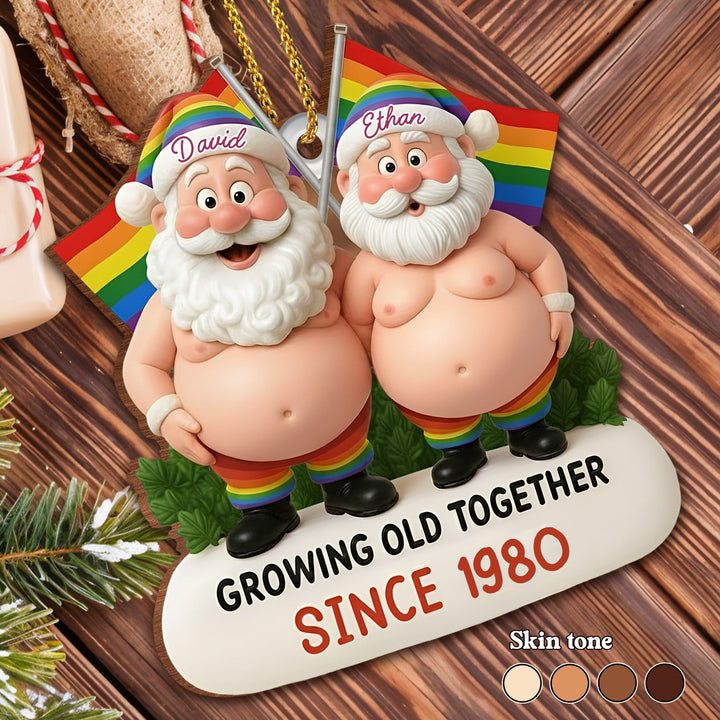 Growing Old Together, Santa Hats And Rainbow Flag - Personalized Custom Wood Ornament, Custom Shaped - CPL1064_WDO