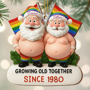 Growing Old Together, Santa Hats And Rainbow Flag - Personalized Custom Wood Ornament, Custom Shaped - CPL1064_WDO