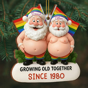 Growing Old Together, Santa Hats And Rainbow Flag - Personalized Custom Wood Ornament, Custom Shaped - CPL1064_WDO