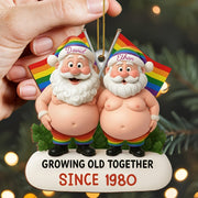 Growing Old Together, Santa Hats And Rainbow Flag - Personalized Custom Wood Ornament, Custom Shaped - CPL1064_WDO