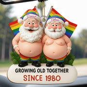Growing Old Together, Santa Hats And Rainbow Flag - Personalized Custom Wood Ornament, Custom Shaped - CPL1064_WDO