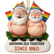 Growing Old Together, Santa Hats And Rainbow Flag - Personalized Custom Wood Ornament, Custom Shaped - CPL1064_WDO