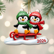 Joy To The World Penguins On A Sled - Personalized Custom Wood Ornament, Custom Shaped - CPL118_WDO