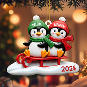 Joy To The World Penguins On A Sled - Personalized Custom Wood Ornament, Custom Shaped - CPL118_WDO