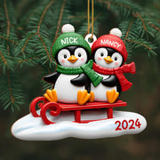 Joy To The World Penguins On A Sled - Personalized Custom Wood Ornament, Custom Shaped - CPL118_WDO