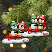 Joy To The World Penguins On A Sled - Personalized Custom Wood Ornament, Custom Shaped - CPL118_WDO