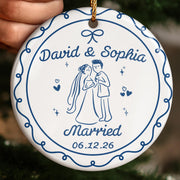Engaged Couple With Bride And Groom Illustration - Personalized Custom Ceramic Ornament With Round Shape - CPL1753_RCE