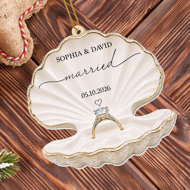 Married Seashell And Engagement Ring Heart Design - Personalized Custom Acrylic Ornament, Christmas Gift - CPL1788_ACO