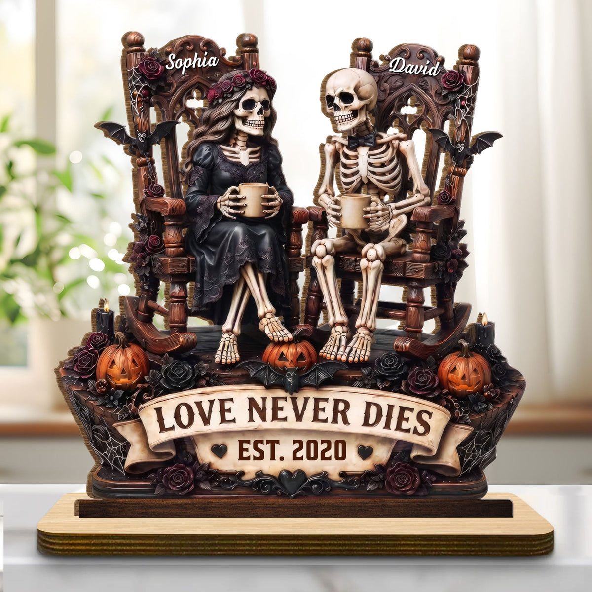 Love Never Dies With Skeletons Couple Pumpkins And Roses - Personalized Custom 2-Layer Wood Plaque With Flat Base - CPL1878_WPLA