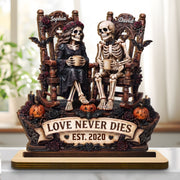 Love Never Dies With Skeletons Couple Pumpkins And Roses - Personalized Custom 2-Layer Wood Plaque With Flat Base - CPL1878_WPLA