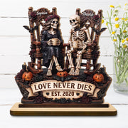 Love Never Dies With Skeletons Couple Pumpkins And Roses - Personalized Custom 2-Layer Wood Plaque With Flat Base - CPL1878_WPLA