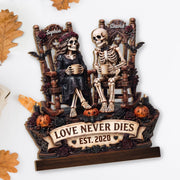 Love Never Dies With Skeletons Couple Pumpkins And Roses - Personalized Custom 2-Layer Wood Plaque With Flat Base - CPL1878_WPLA