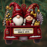 Growing Old Together, Red Truck With Christmas Gnomes - Personalized Custom Wood Ornament, Custom Shaped - CPL484_WDO