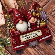 Growing Old Together, Red Truck With Christmas Gnomes - Personalized Custom Wood Ornament, Custom Shaped - CPL484_WDO