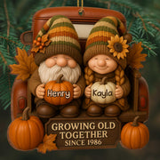 Growing Old Together With Gnomes And Autumn Leaves - Personalized Custom Wood Ornament, Custom Shaped - CPL596_WDO
