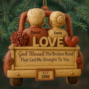 God Blessed The Broken Road, Car And Hearts Design - Personalized Custom Wood Ornament, Custom Shaped - CPL672_WDO