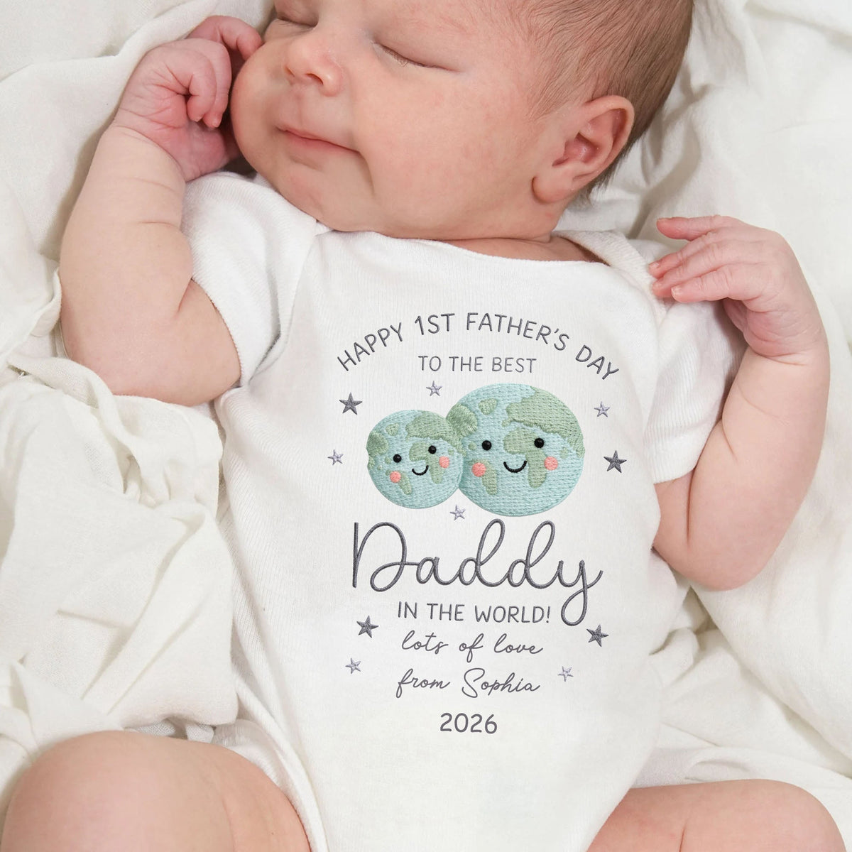 Happy 1st Father's Day To The Best Daddy In The World Earth And Stars - Personalized Custom Baby Onesie - DAD315_ONES
