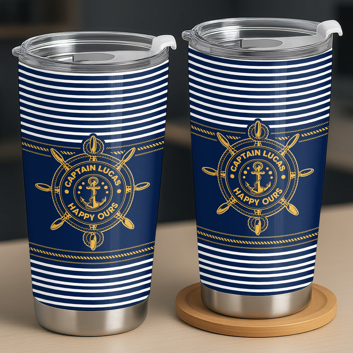 Captain Happy Ours Nautical Ship Wheel And Anchor - Personalized Custom Stainless Steel Tumbler 20oz - DAD850_USTUM