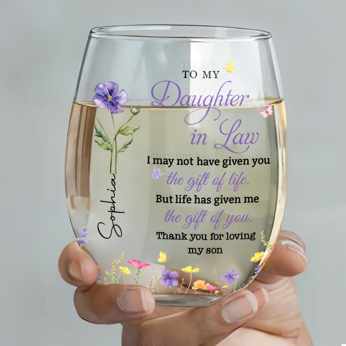 To My Daughter In Law Gift Of You Birth Month Flowers - Personalized Stemless Wine Glass - DILA116_WIGL