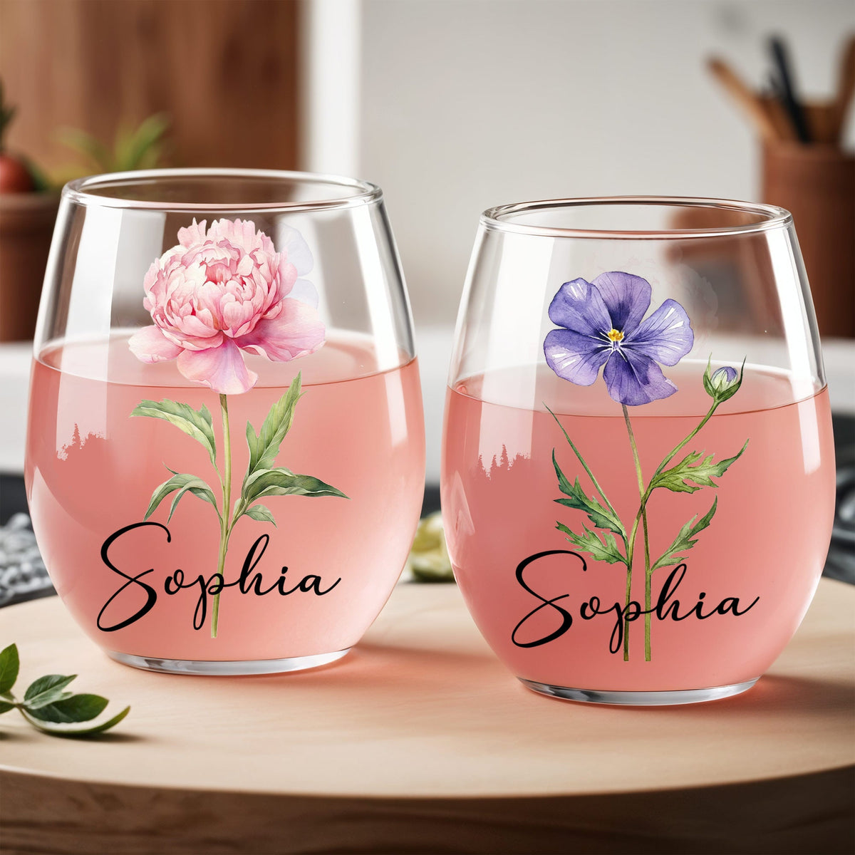Beautiful Birth Month Flower Personalized Floral Botanical Art - Personalized Stemless Wine Glass - DTG089_WIGL