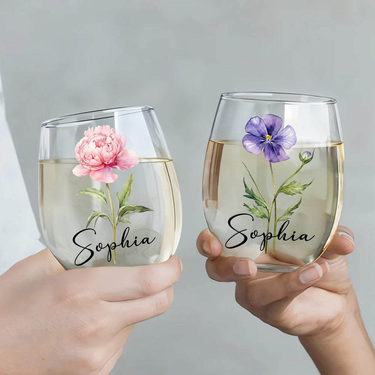 Beautiful Birth Month Flower Personalized Floral Botanical Art - Personalized Stemless Wine Glass - DTG089_WIGL