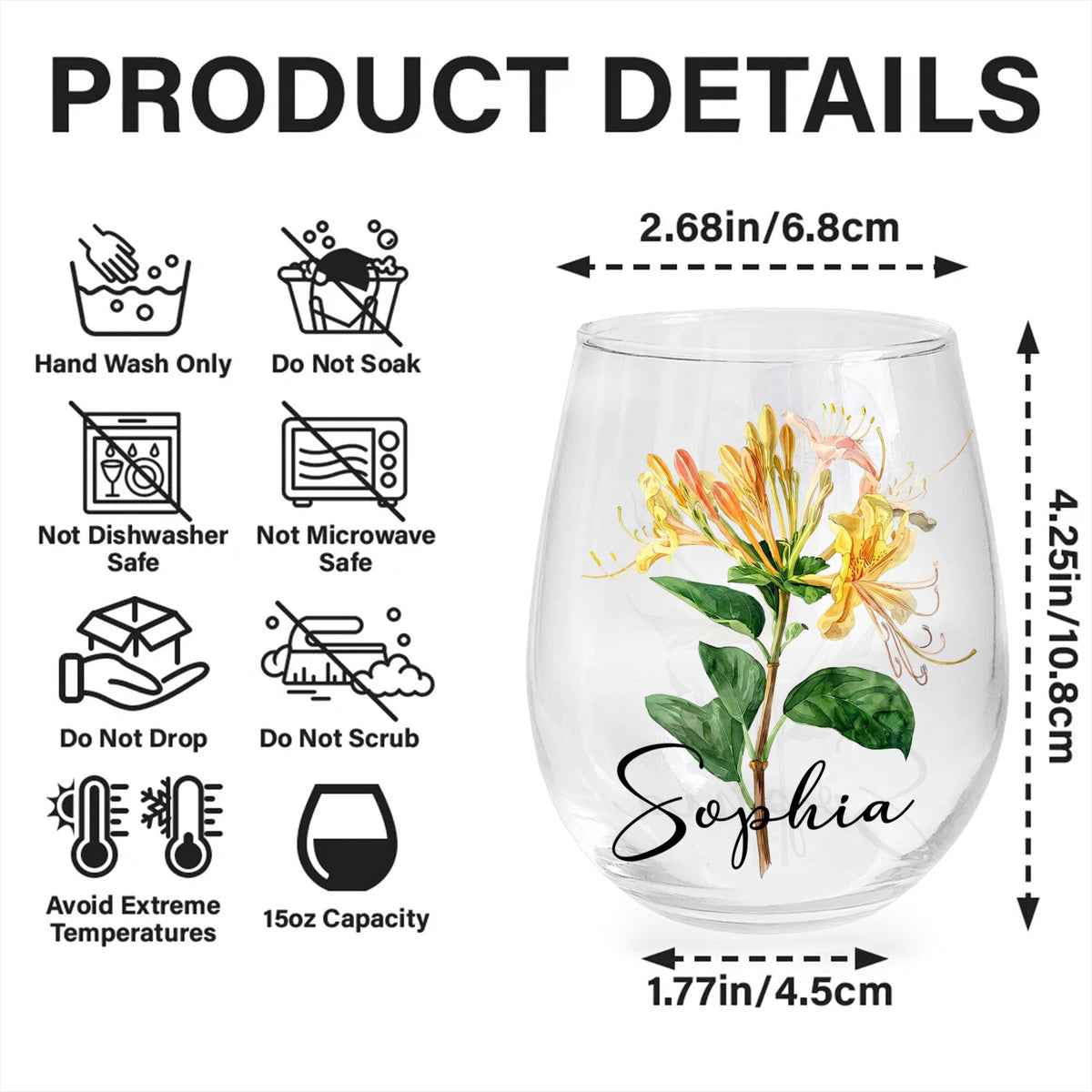 Beautiful Birth Month Flower Personalized Floral Botanical Art - Personalized Stemless Wine Glass - DTG089_WIGL