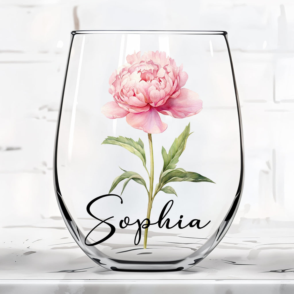 Beautiful Birth Month Flower Personalized Floral Botanical Art - Personalized Stemless Wine Glass - DTG089_WIGL