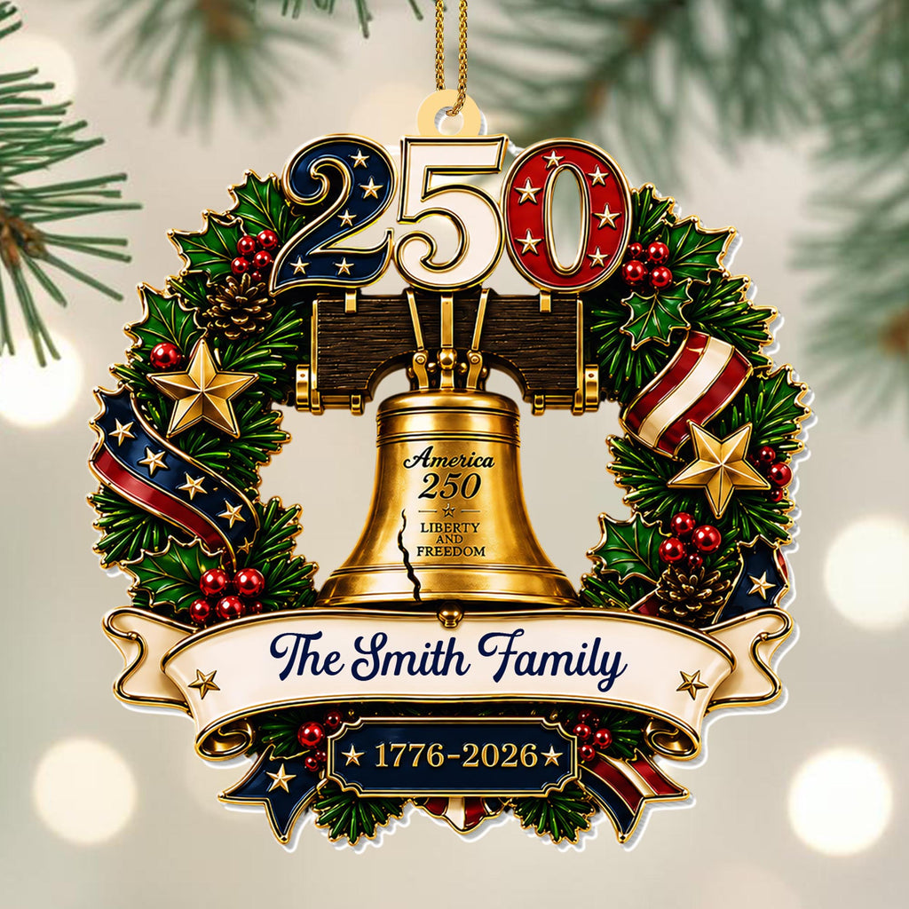 America Liberty and Freedom Wreath With Liberty Bell and Family Name - Personalized Custom Acrylic Ornament, Christmas Gift - FAM1015_ACO