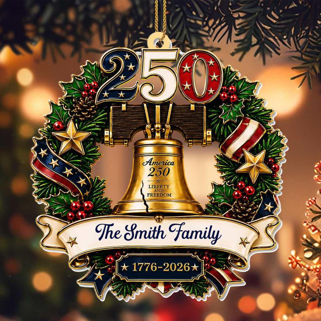 America Liberty and Freedom Wreath With Liberty Bell and Family Name - Personalized Custom Acrylic Ornament, Christmas Gift - FAM1015_ACO