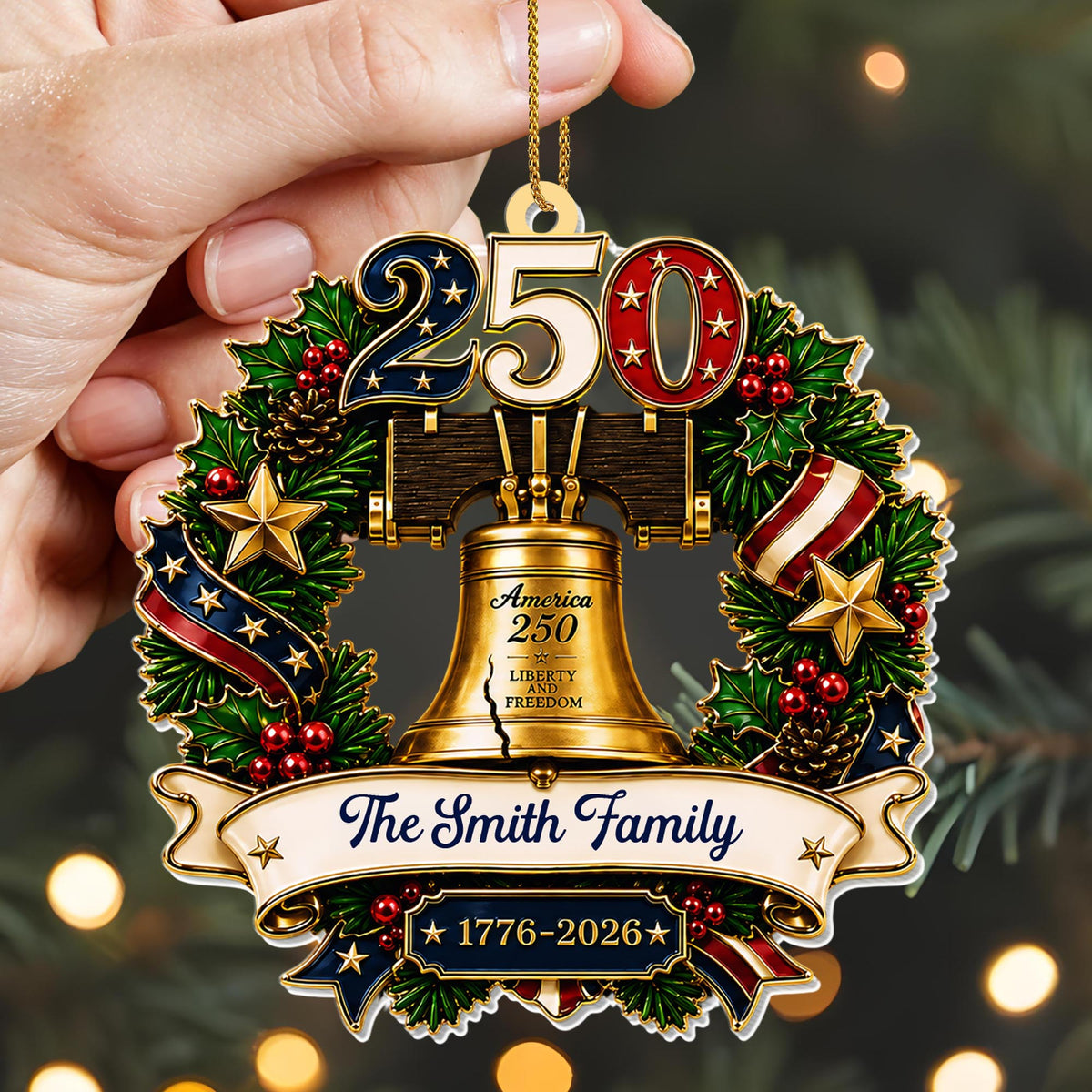 America Liberty and Freedom Wreath With Liberty Bell and Family Name - Personalized Custom Acrylic Ornament, Christmas Gift - FAM1015_ACO