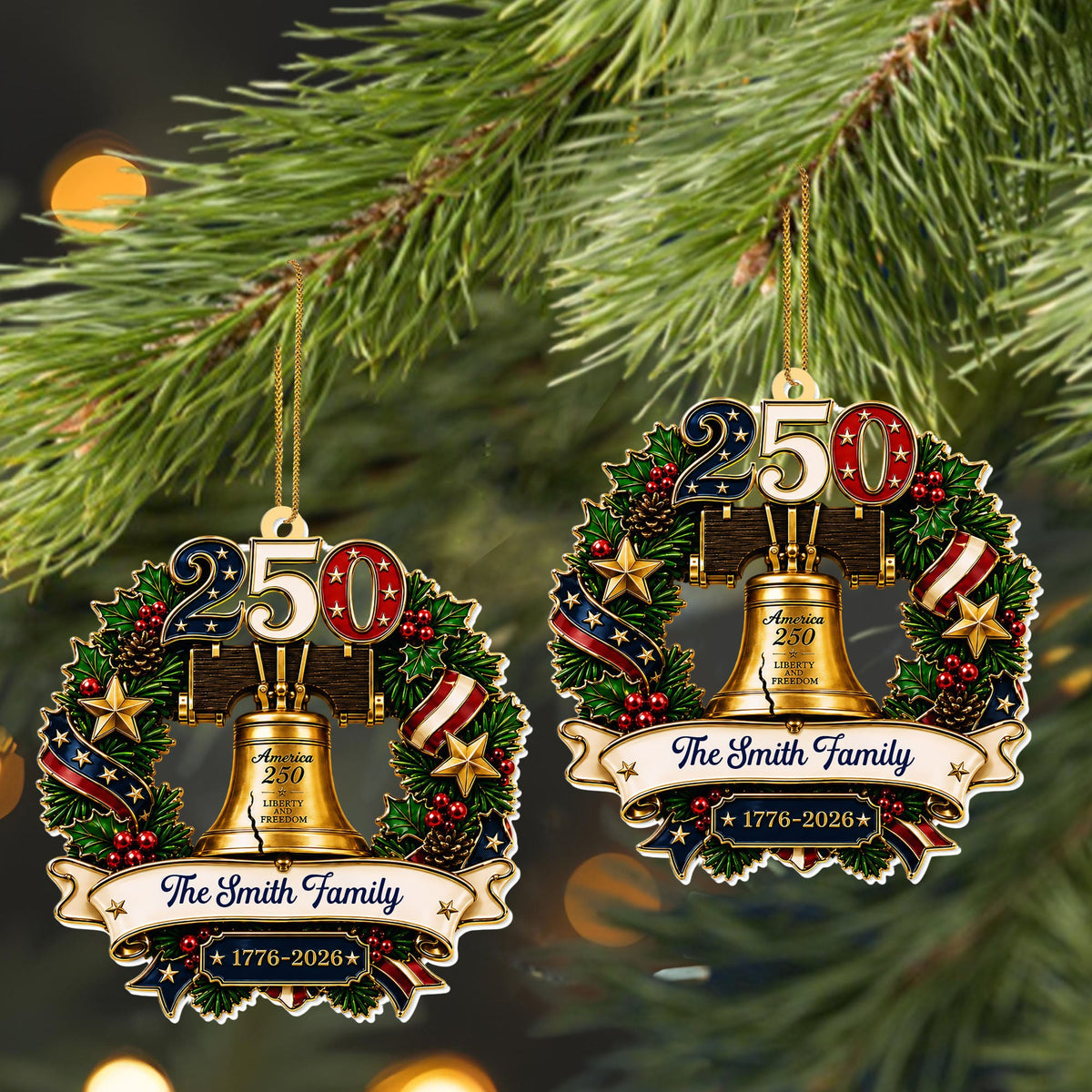 America Liberty and Freedom Wreath With Liberty Bell and Family Name - Personalized Custom Acrylic Ornament, Christmas Gift - FAM1015_ACO