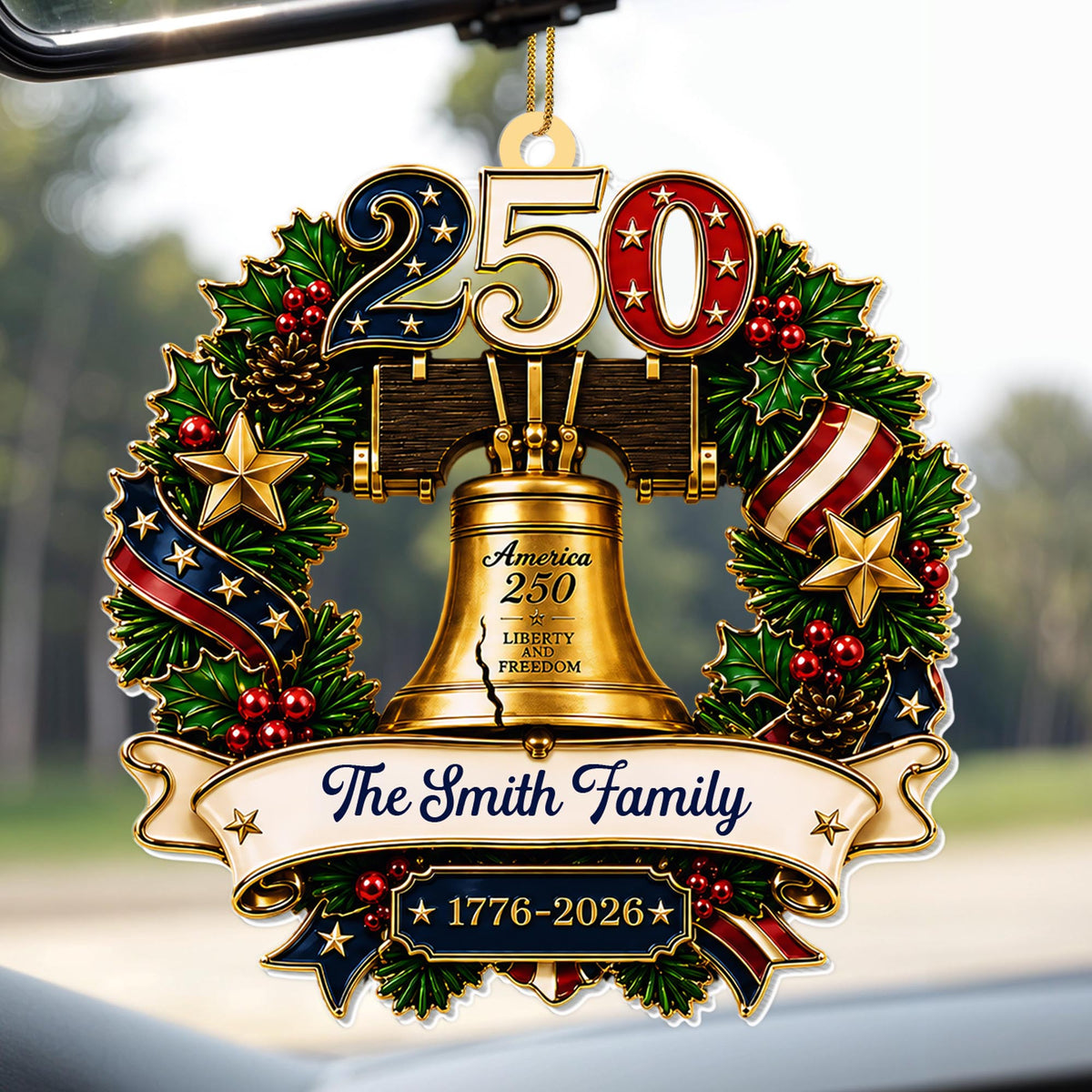 America Liberty and Freedom Wreath With Liberty Bell and Family Name - Personalized Custom Acrylic Ornament, Christmas Gift - FAM1015_ACO