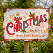 Welcome To Christmas At Our Family With Holly Berries And Ribbons - Personalized Metal Sign - FAM1052_MSIGN