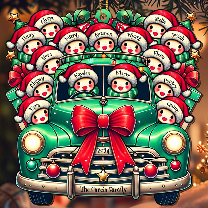 Vintage Truck Full of Christmas Cheer and Santa Hats - Personalized Custom Wood Ornament, Custom Shaped - FAM137_WDO
