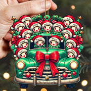 Vintage Truck Full of Christmas Cheer and Santa Hats - Personalized Custom Wood Ornament, Custom Shaped - FAM137_WDO