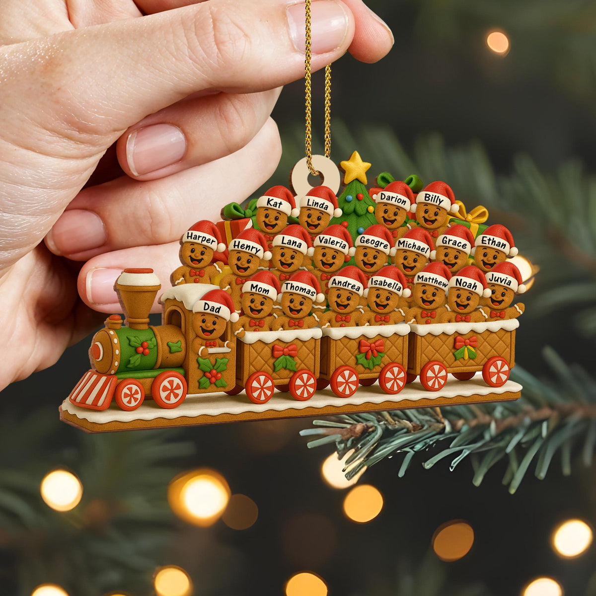 Christmas Express With Cheerful Gingerbread Passengers - Personalized Custom Wood Ornament, Custom Shaped - FAM490_WDO