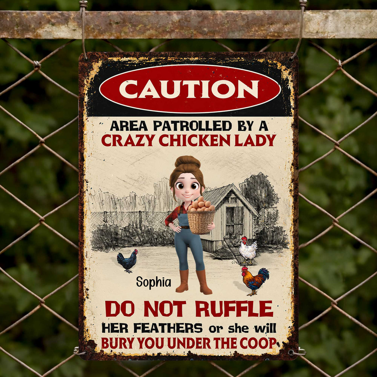 Area Patrolled By A Crazy Chicken Lady Do Not Ruffle Feathers Farm Sign - Personalized Metal Sign - FARM063_MSIGN