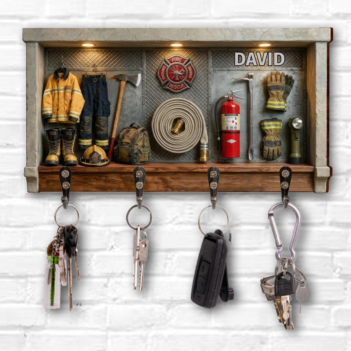 Celebrate Your Personal Hero, Firefighter Gear, Badge, and Extinguisher - Personalized Key Holder - FIF049_KHO