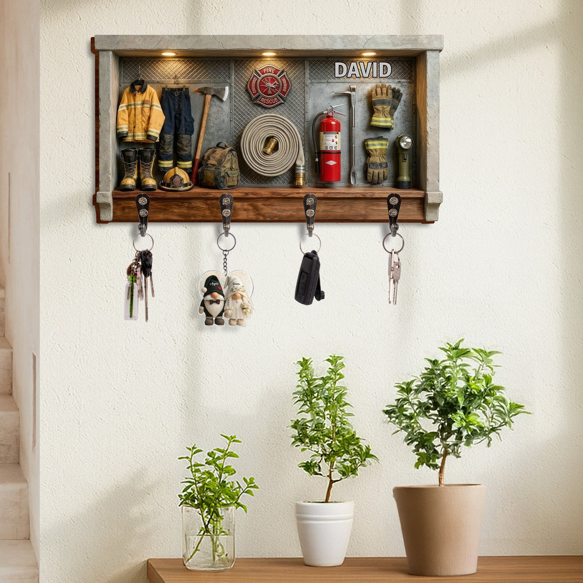 Celebrate Your Personal Hero, Firefighter Gear, Badge, and Extinguisher - Personalized Key Holder - FIF049_KHO