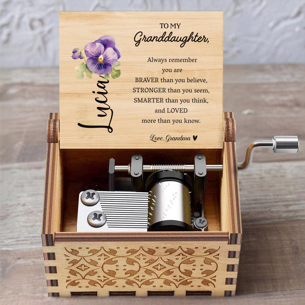 Braver, Stronger, Smarter, Loved, Inspiring Message For Granddaughter - Custom Music Box With "You Are My Sunshine" Tune - GDT002_MZB