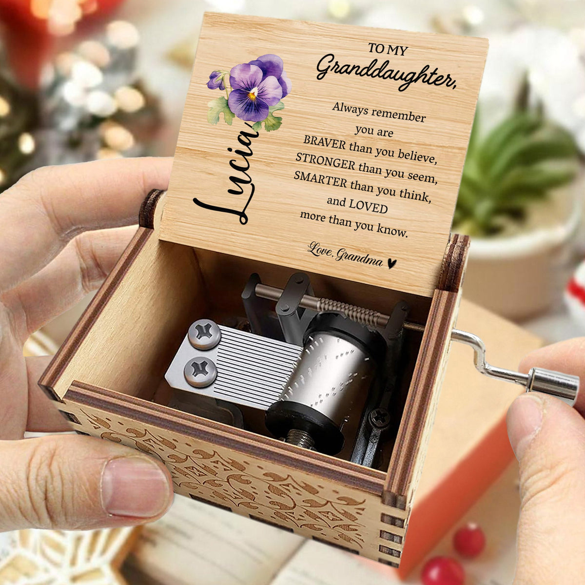 Braver, Stronger, Smarter, Loved, Inspiring Message For Granddaughter - Custom Music Box With "You Are My Sunshine" Tune - GDT002_MZB