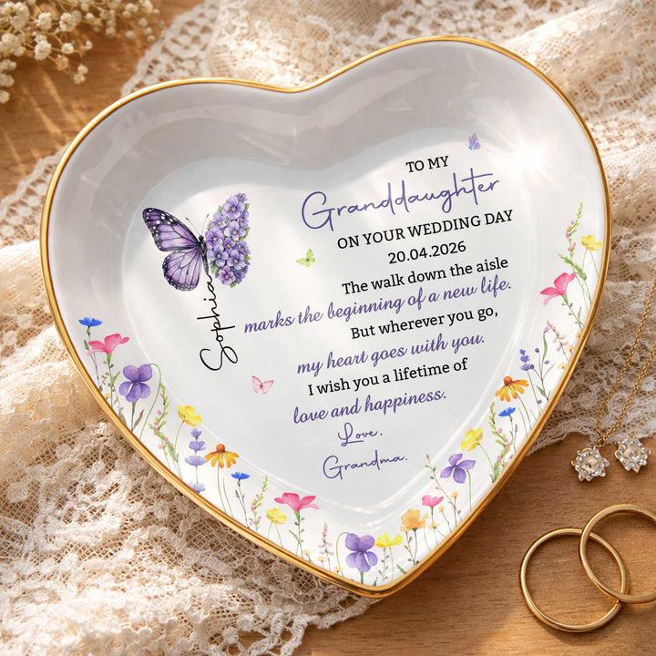 To My Granddaughter On Your Wedding Day Butterfly And Wildflowers Ceramic Dish - Personalized Custom Jewelry Dish, Ceramic Dish, Heart Shape - GDT815_HCRF