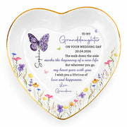 To My Granddaughter On Your Wedding Day Butterfly And Wildflowers Ceramic Dish - Personalized Custom Jewelry Dish, Ceramic Dish, Heart Shape - GDT815_HCRF